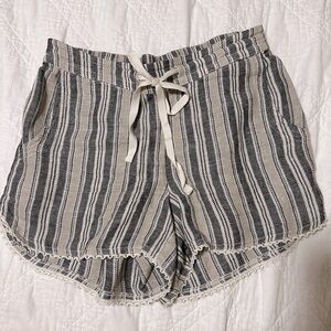 Striped Linen Drawstring Shorts with Lace Trim